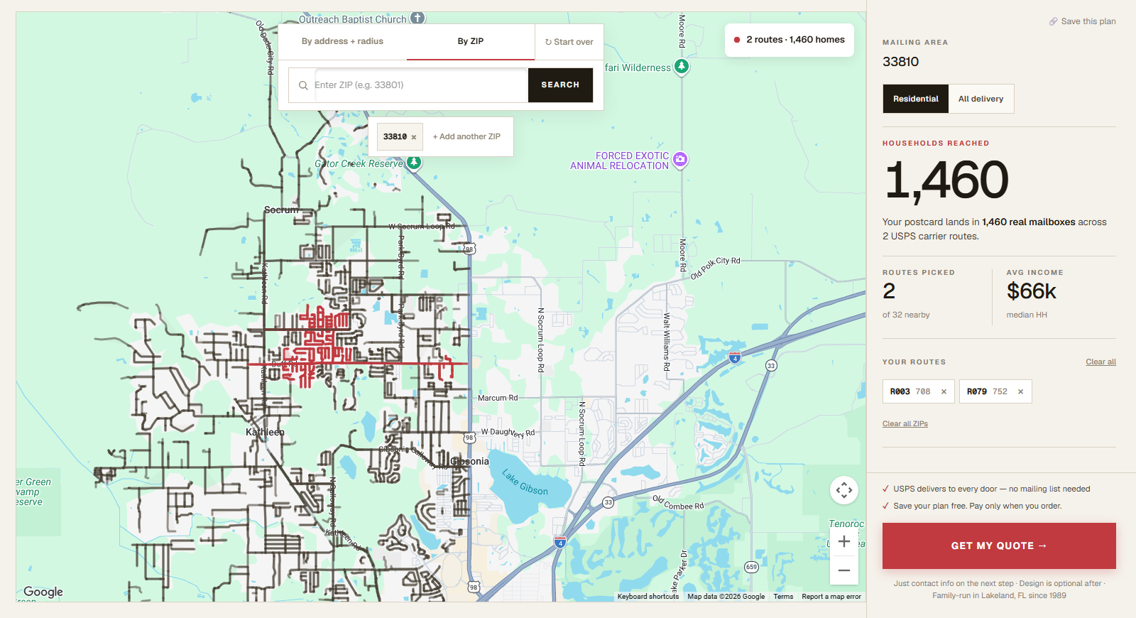 EDDM route planner map showing two selected USPS carrier routes in north Lakeland ZIP 33810 totaling 1,460 households